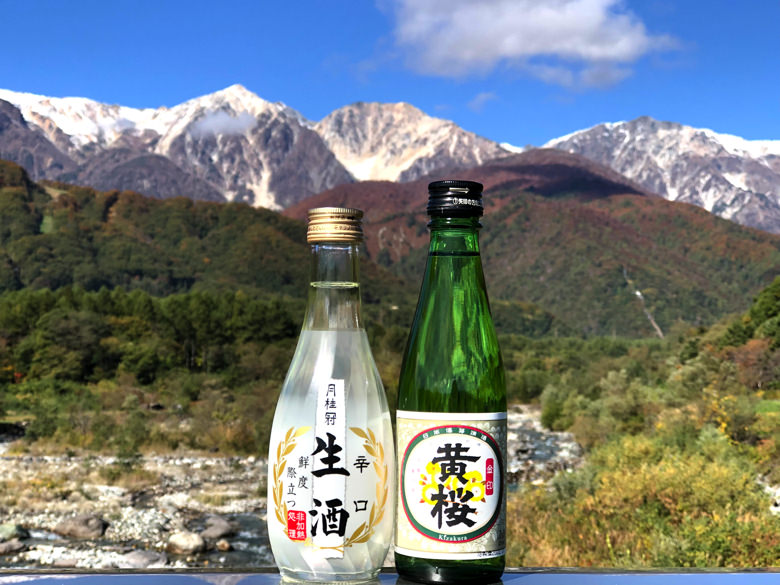 山を背景にした2本の普通酒の瓶
